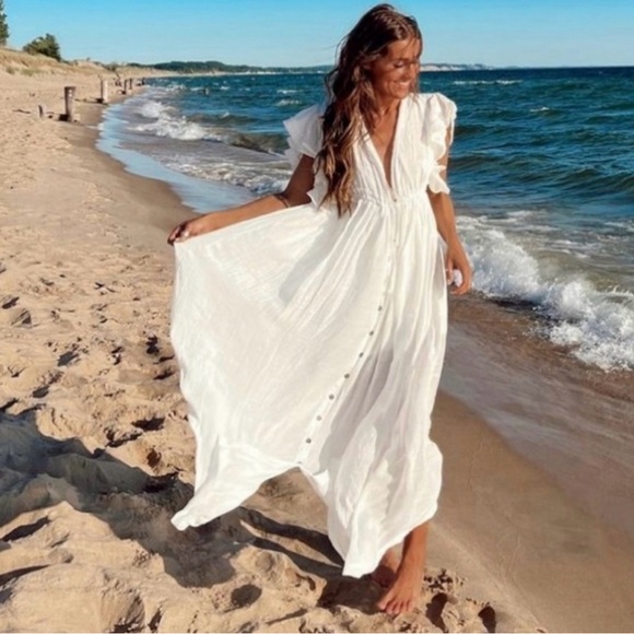 Boho Gauze Maxi Cover Up Flowy Dress White - Picture 2 of 5